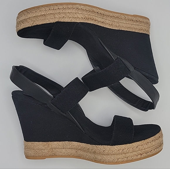 TORY BURCH Wedge Sandal Espadrille Slingback 2 Band Canvas & Leather Black US 10 - Picture 9 of 13